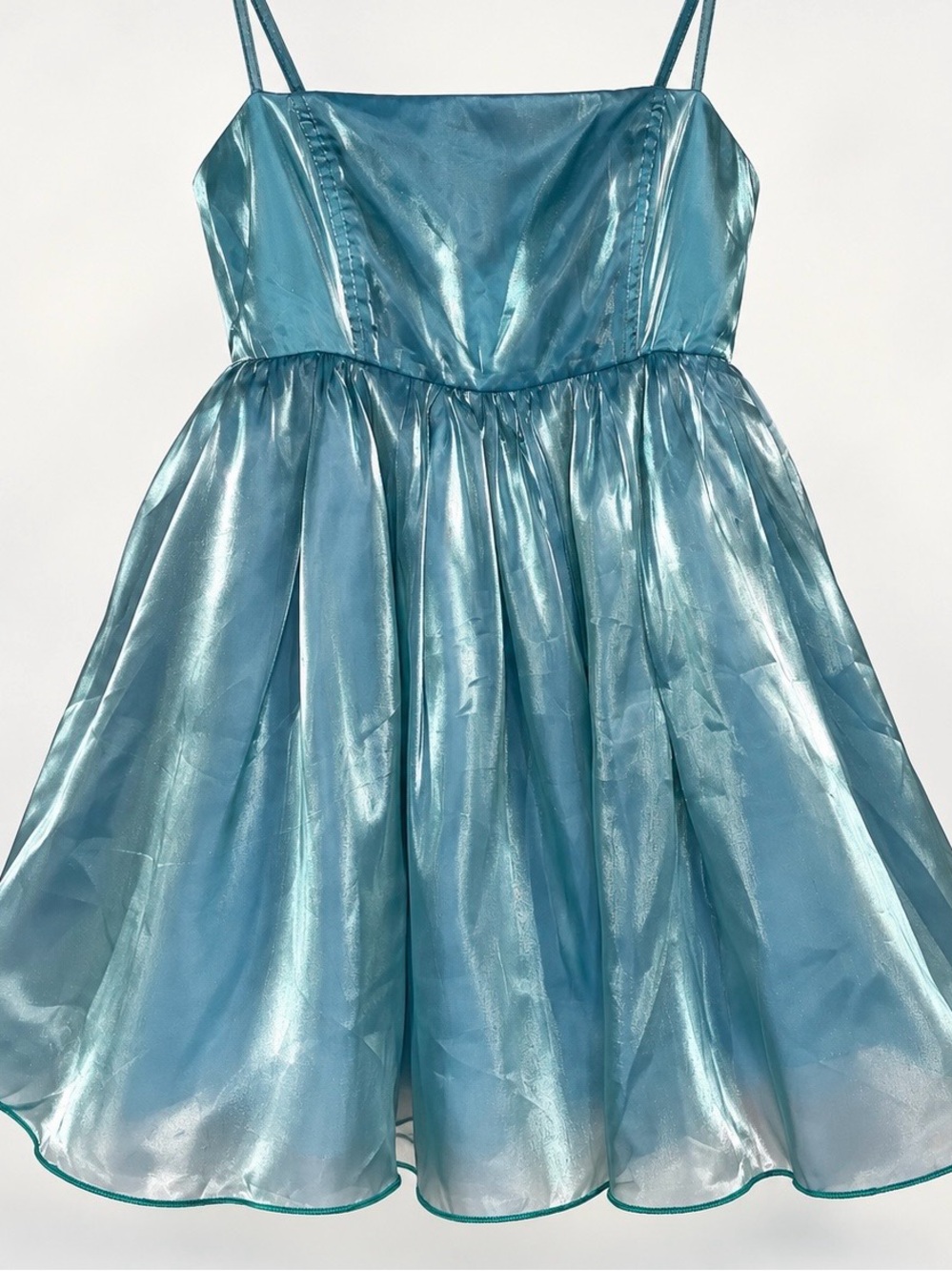 AKIRA Ice Blue Metallic Organza Fit & Flare Mini Dress Spaghetti Strap
